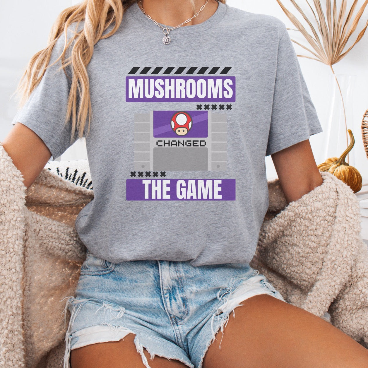 Mushrooms changed the game vintage video games psychedelics Mario Nintendo gamer shirt nostalgic gamer gift hot sweet tees free shipping 90s game lover gift 90s nostalgia gamer 90s bright color shirt Super Nintendo theme vintage video games 90s kids birthday gift gamer gift throwback Nintendo Grey