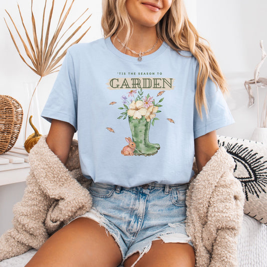 Tis the season to garden hotsweettees spring time gardening gardener gift free shipping unisex soft spring t shirt spring bunny rain boots butterflies watercolor flowers Gift garden spring time pastels Easter bunny