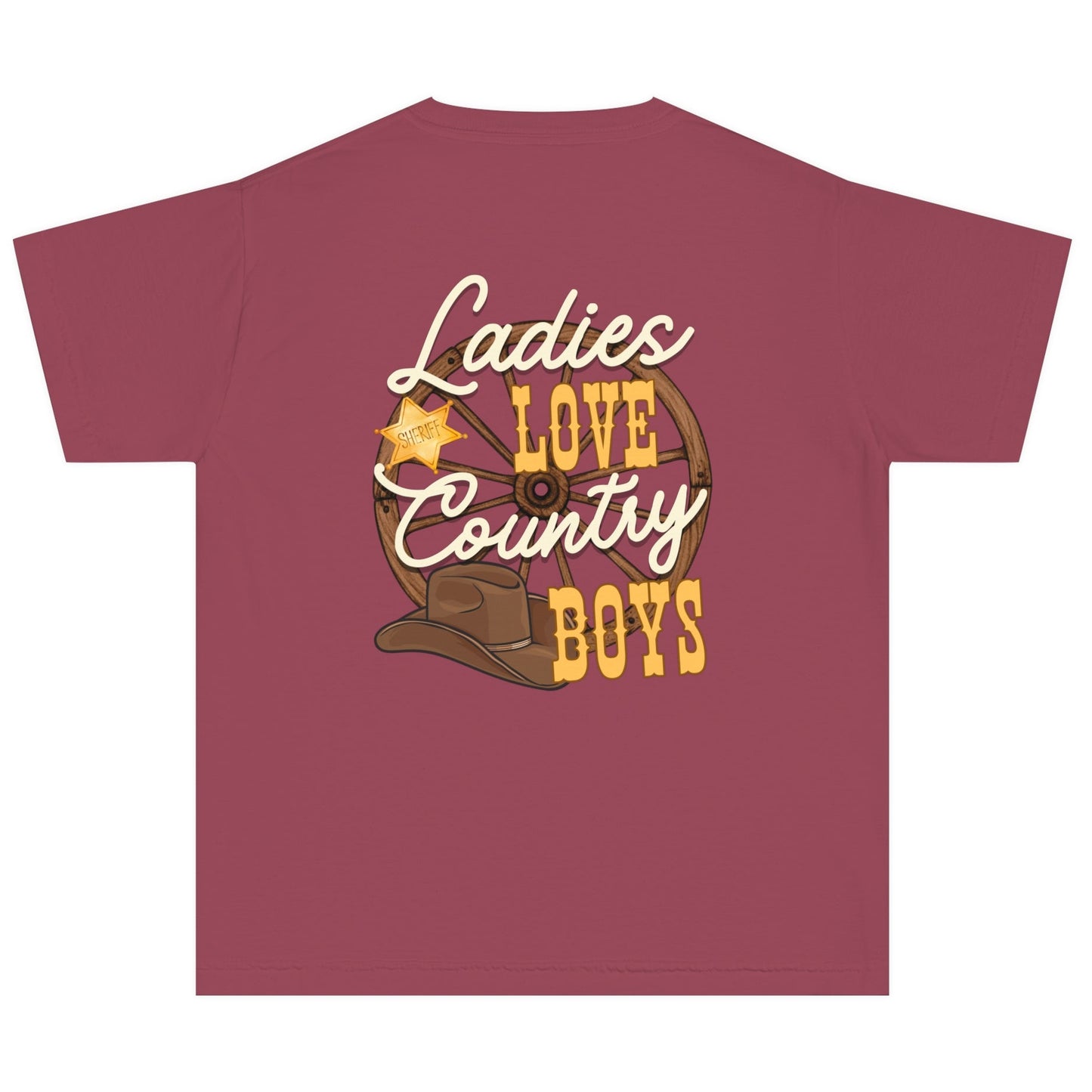 Crimson back child’s t shirt Ladies love country boys t shirt unisex hotsweettees country music shirt country boy gift for dad deep country roots cowboy hat sheriff badge wagon wheel back design free shipping birthday gift dad and son matching shirts