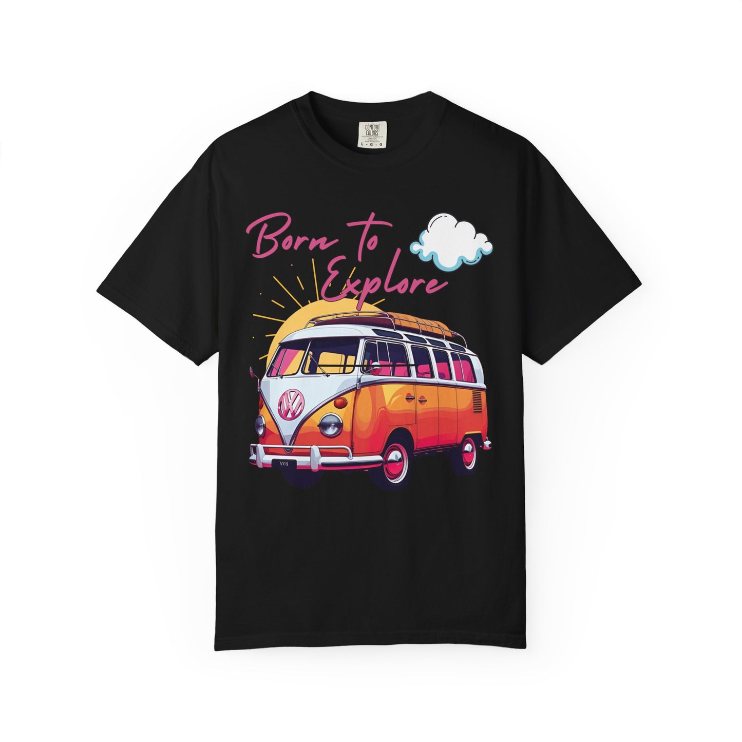 Comfort colors t shirt born to explore traveler vintage VW bus van life hotsweettees free shipping gift hobby travel pink font white puffy cloud mountains sunrise pink yellow blue green comfort t shirt fall ready traveler mountain Vw bus vintage Vw bus 1960s bus van life bus life Pink font