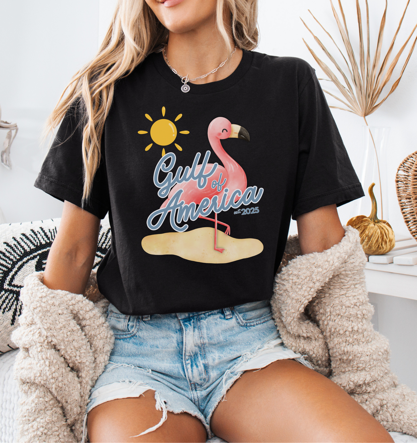 Gulf of America Unisex T Shirt Patriotic Themed USA Summer Pink Flamingo Beach Trump 2025 hotsweettees spring break shirt women’s birthday gift cute flamingo pink free shipping gift trump lover gift hot sweet tees t shirt Cotton tee