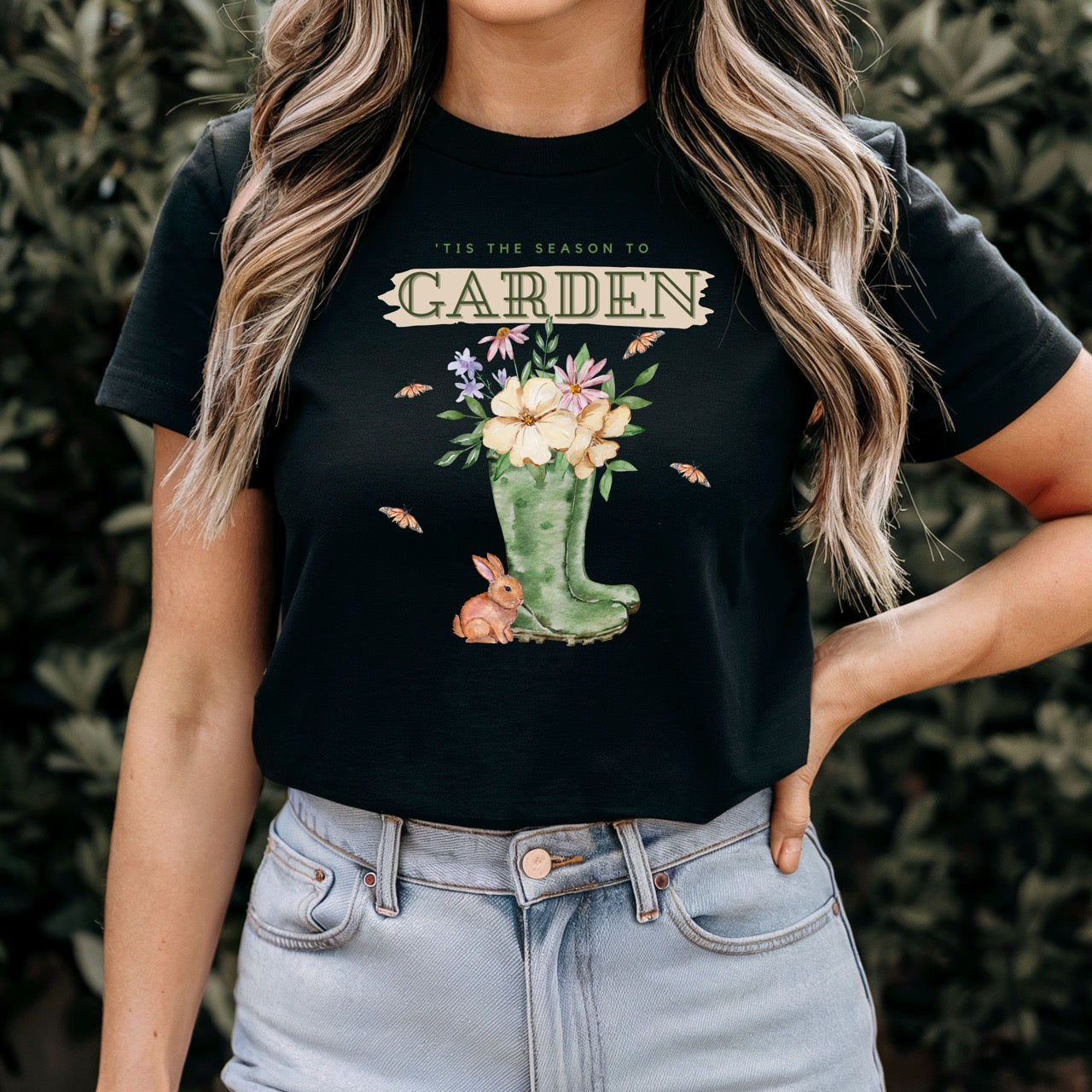 Tis the season to garden hotsweettees spring time gardening gardener gift free shipping unisex soft spring t shirt spring bunny rain boots butterflies watercolor flowers Gift garden spring time pastels Easter bunny