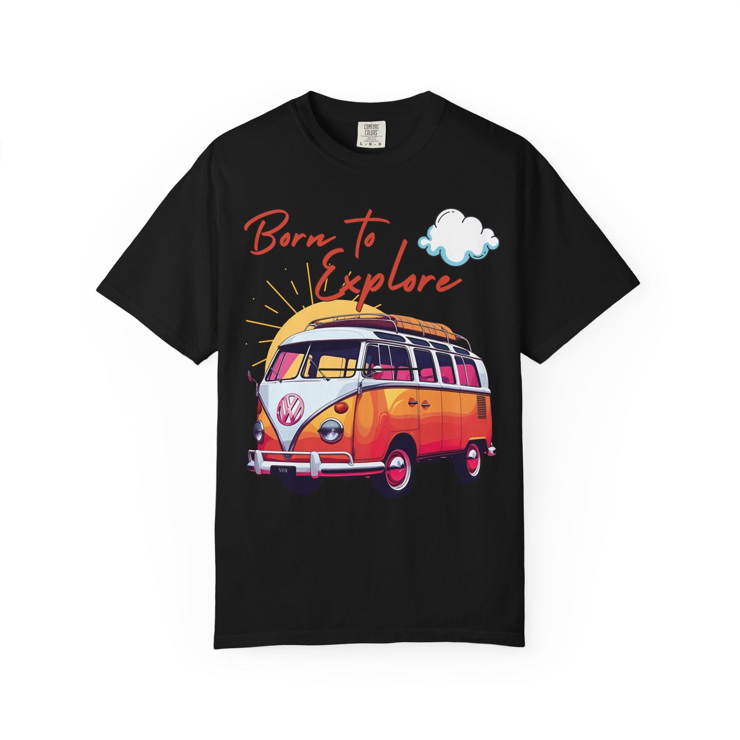 Comfort colors t shirt born to explore traveler vintage VW bus van life hotsweettees free shipping gift hobby travel pink font white puffy cloud mountains sunrise pink yellow blue green comfort t shirt fall ready traveler mountain Vw bus vintage Vw bus 1960s bus van life bus life