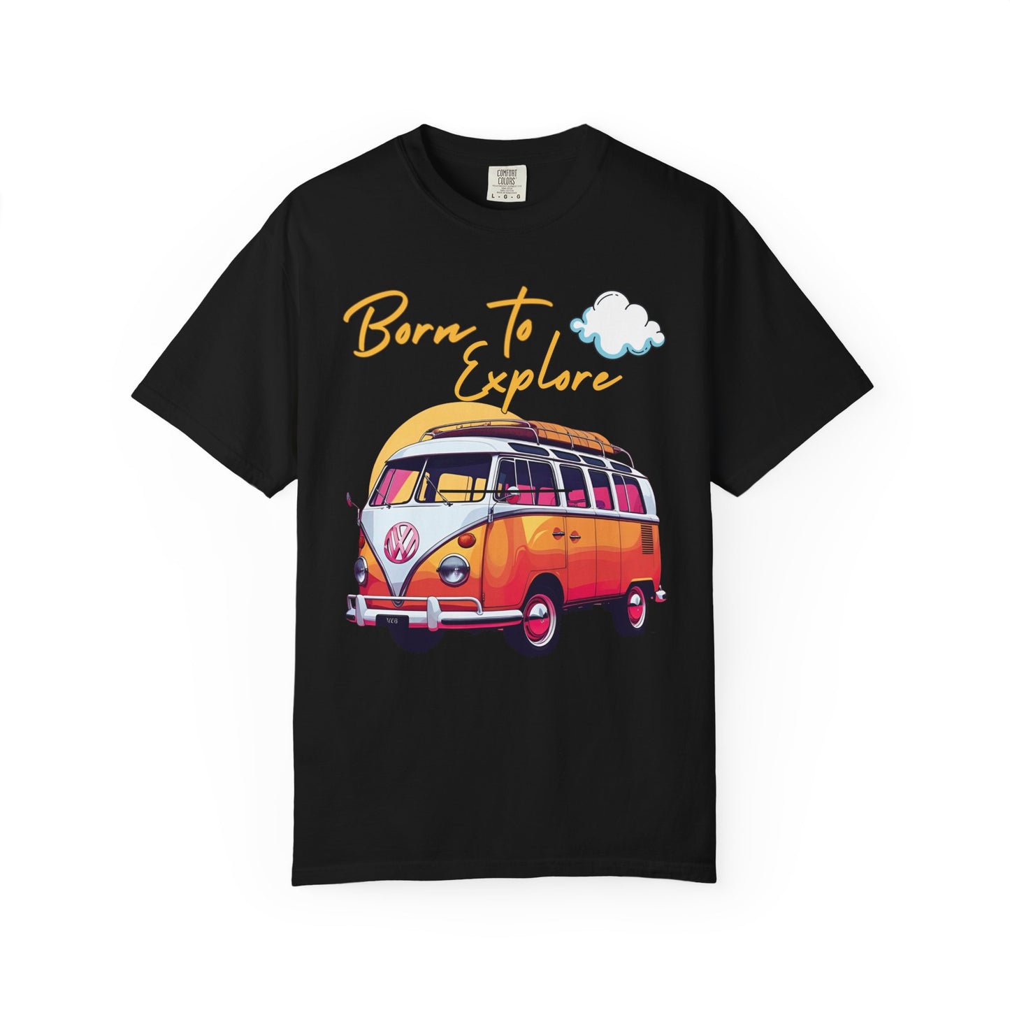 Comfort colors t shirt born to explore traveler vintage VW bus van life hotsweettees free shipping gift hobby travel pink font white puffy cloud mountains sunrise pink yellow blue green comfort t shirt fall ready traveler mountain Vw bus vintage Vw bus 1960s bus van life bus life