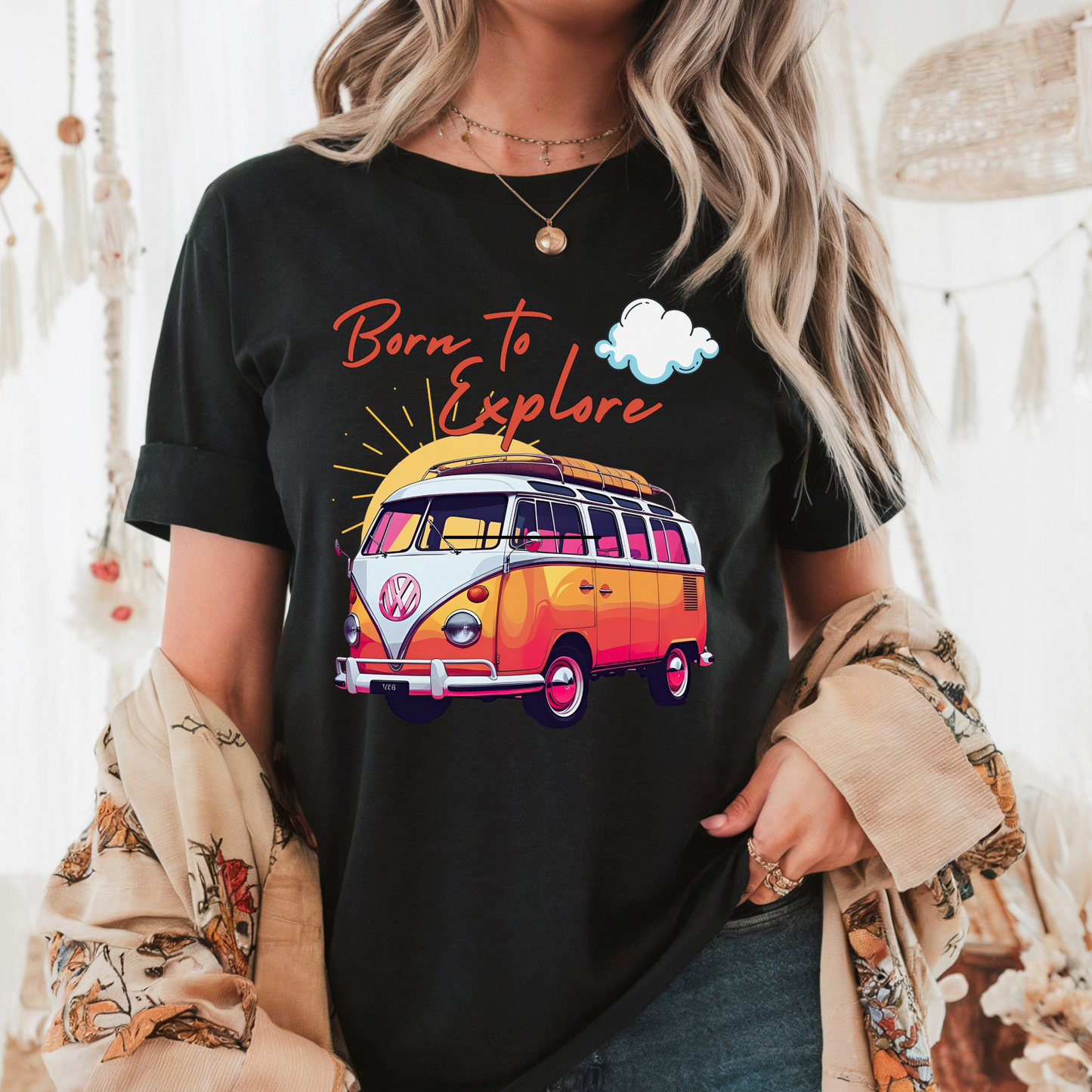 Comfort colors t shirt born to explore traveler vintage VW bus van life hotsweettees free shipping gift hobby travel pink font white puffy cloud mountains sunrise pink yellow blue green comfort t shirt fall ready traveler mountain Vw bus vintage Vw bus 1960s bus van life bus life