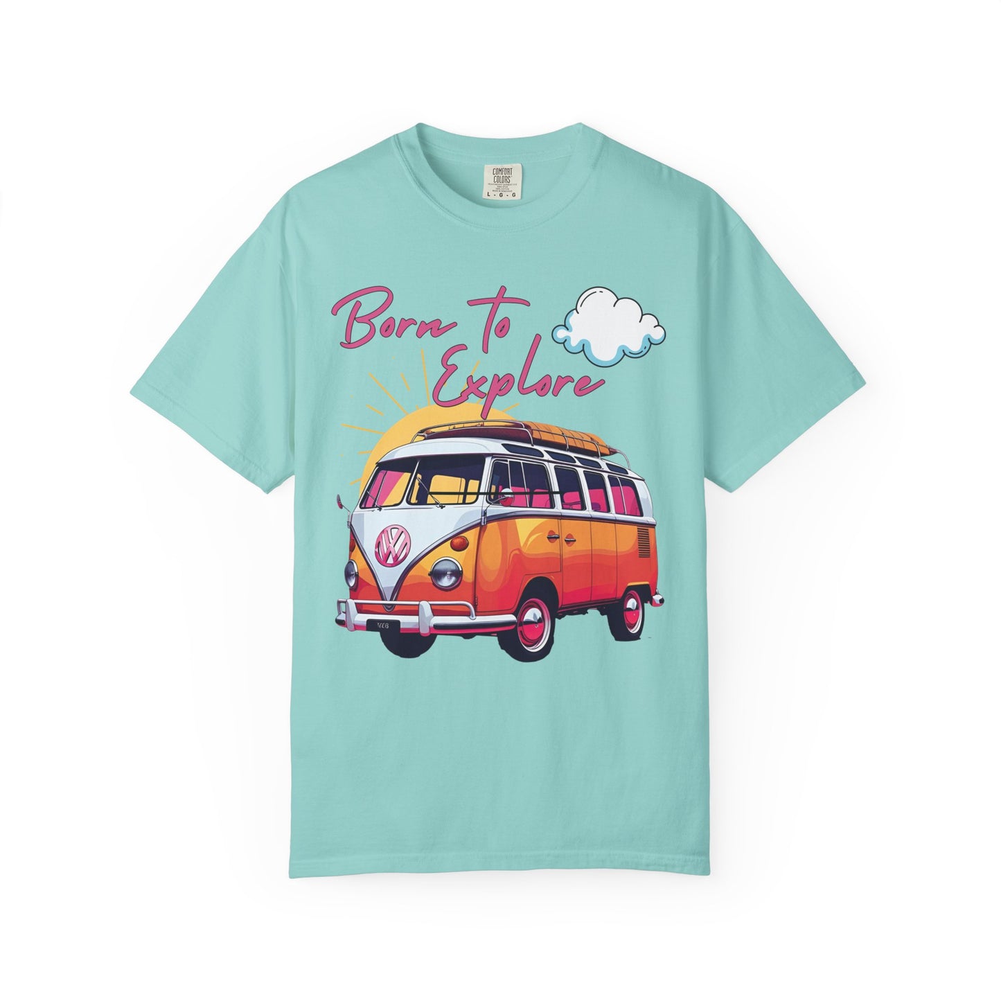 Comfort colors t shirt born to explore traveler vintage VW bus van life hotsweettees free shipping gift hobby travel pink font white puffy cloud mountains sunrise pink yellow blue green comfort t shirt fall ready traveler mountain Vw bus vintage Vw bus 1960s bus van life bus life chalky mint