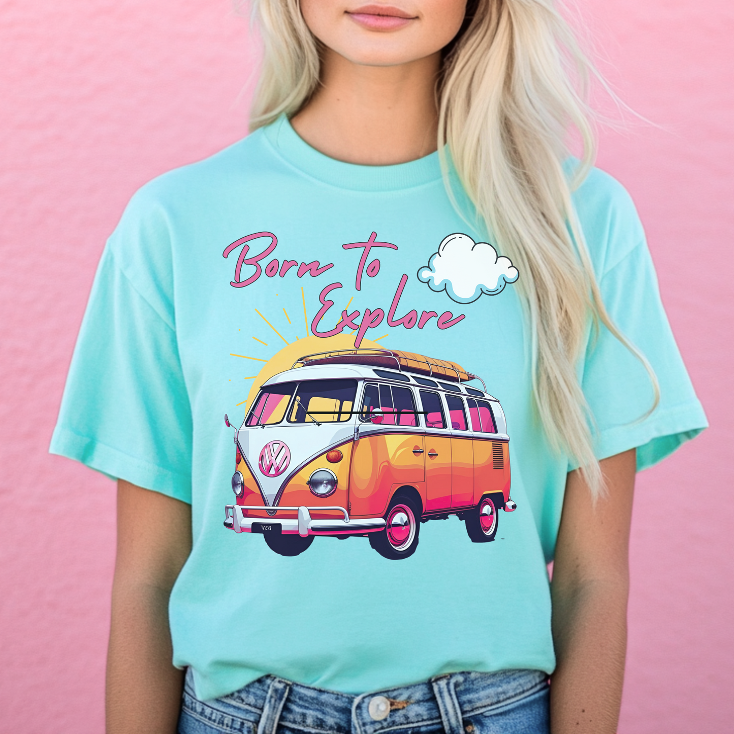 Comfort colors t shirt born to explore traveler vintage VW bus van life hotsweettees free shipping gift hobby travel pink font white puffy cloud mountains sunrise pink yellow blue green comfort t shirt fall ready traveler mountain Chalky mint
