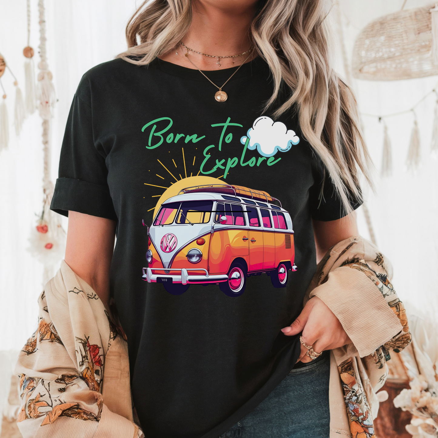 Comfort colors t shirt born to explore traveler vintage VW bus van life hotsweettees free shipping gift hobby travel pink font white puffy cloud mountains sunrise pink yellow blue green comfort t shirt fall ready traveler mountain Green font vintage Vw bus van life bus life