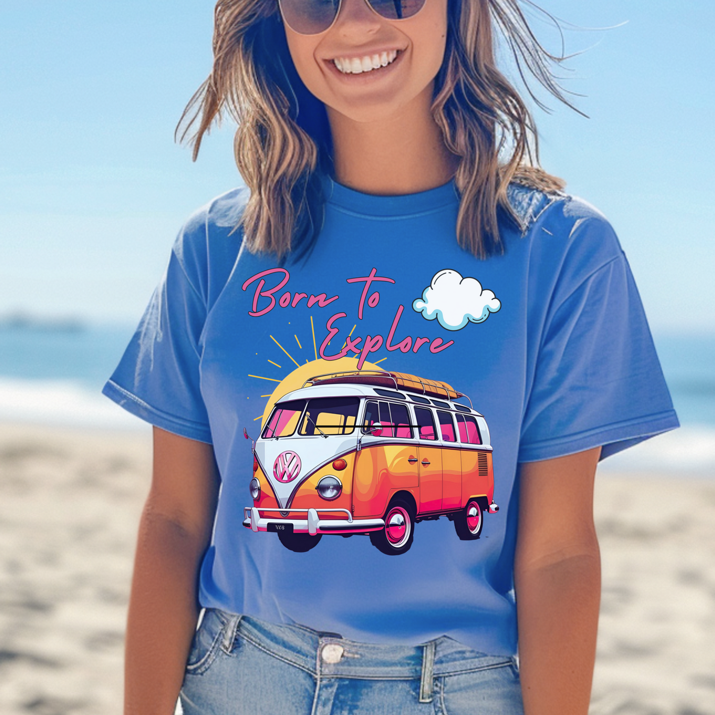 Comfort colors t shirt born to explore traveler vintage VW bus van life hotsweettees free shipping gift hobby travel pink font white puffy cloud mountains sunrise pink yellow blue green comfort t shirt fall ready traveler mountain Vw bus vintage Vw bus 1960s bus van life bus life