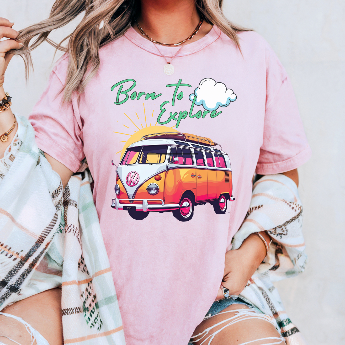 Comfort colors t shirt born to explore traveler vintage VW bus van life hotsweettees free shipping gift hobby travel pink font white puffy cloud mountains sunrise pink yellow blue green comfort t shirt fall ready traveler mountain