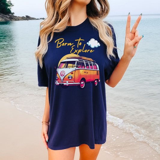 Comfort colors t shirt born to explore traveler vintage VW bus van life hotsweettees free shipping gift hobby travel pink font white puffy cloud mountains sunrise pink yellow blue green comfort t shirt fall ready traveler mountain True navy gold font bus life