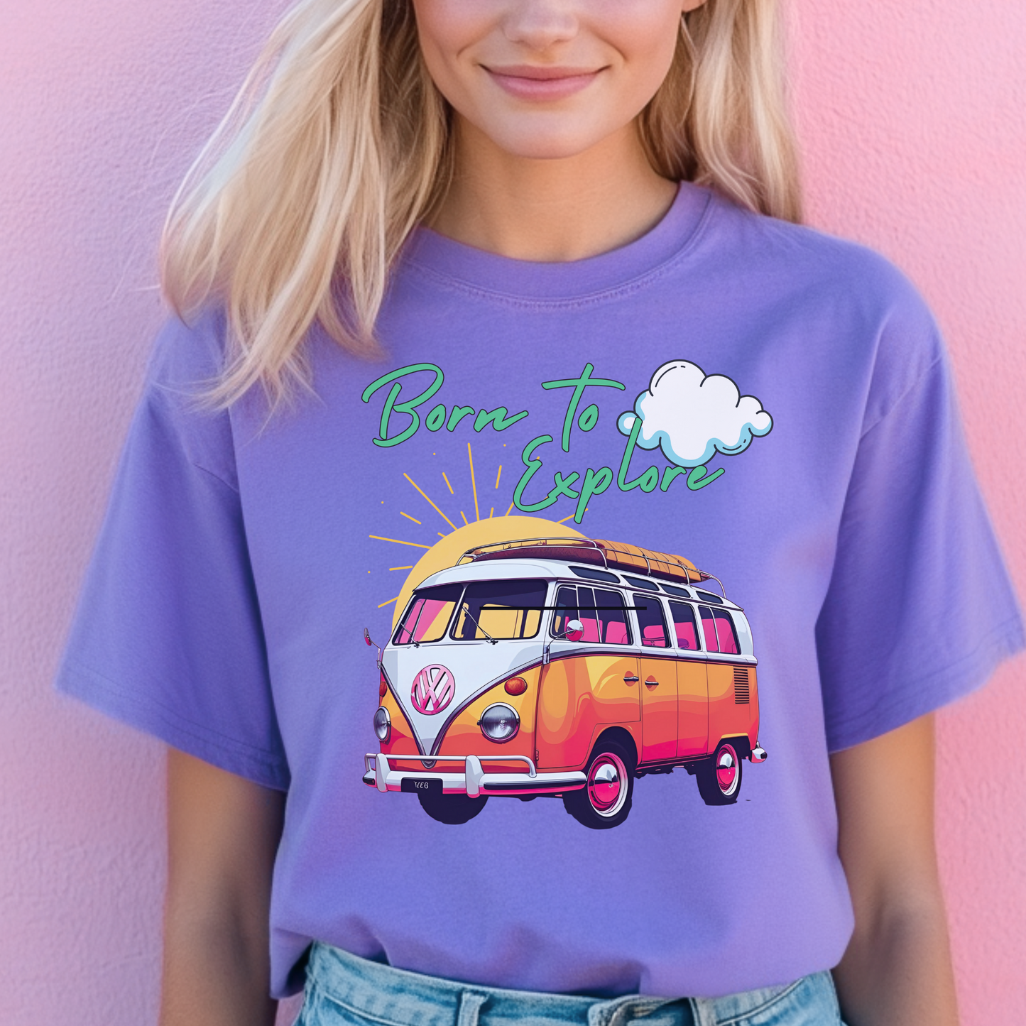 Comfort colors t shirt born to explore traveler vintage VW bus van life hotsweettees free shipping gift hobby travel pink font white puffy cloud mountains sunrise pink yellow blue green comfort t shirt fall ready traveler mountain Vw bus vintage Vw bus 1960s bus van life bus life