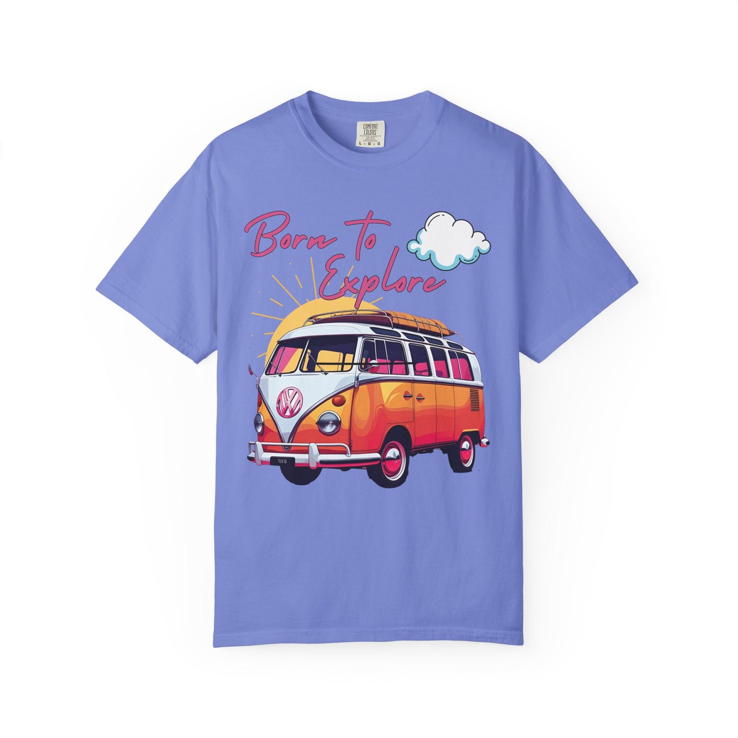 Comfort colors t shirt born to explore traveler vintage VW bus van life hotsweettees free shipping gift hobby travel pink font white puffy cloud mountains sunrise pink yellow blue green comfort t shirt fall ready traveler mountain Vw bus vintage Vw bus 1960s bus van life bus life Flo blue