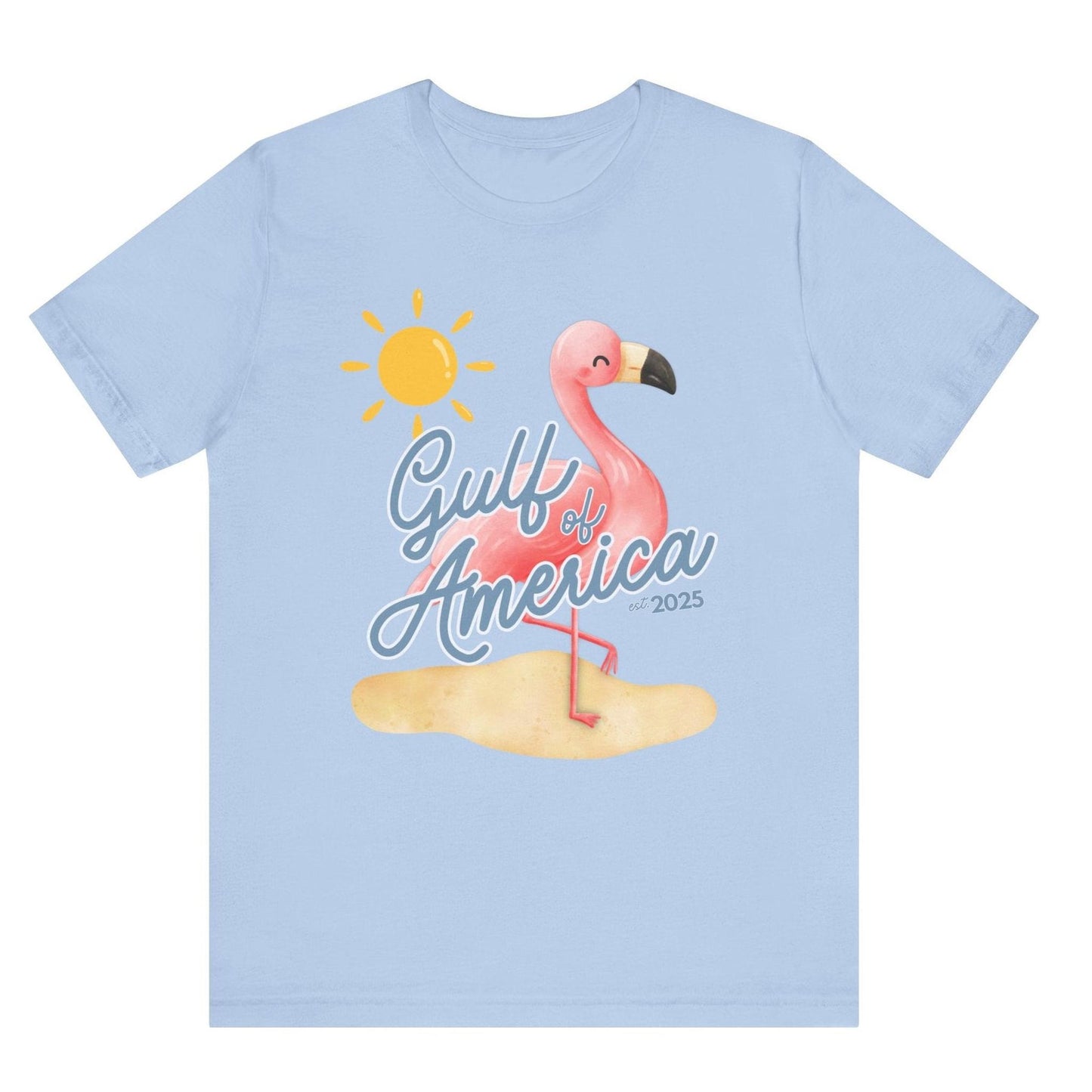 Gulf of America Unisex T Shirt Patriotic Themed USA Summer Pink Flamingo Beach Trump 2025 hotsweettees spring break shirt women’s birthday gift cute flamingo pink free shipping gift trump lover gift hot sweet tees t shirt Cotton tee Baby blue