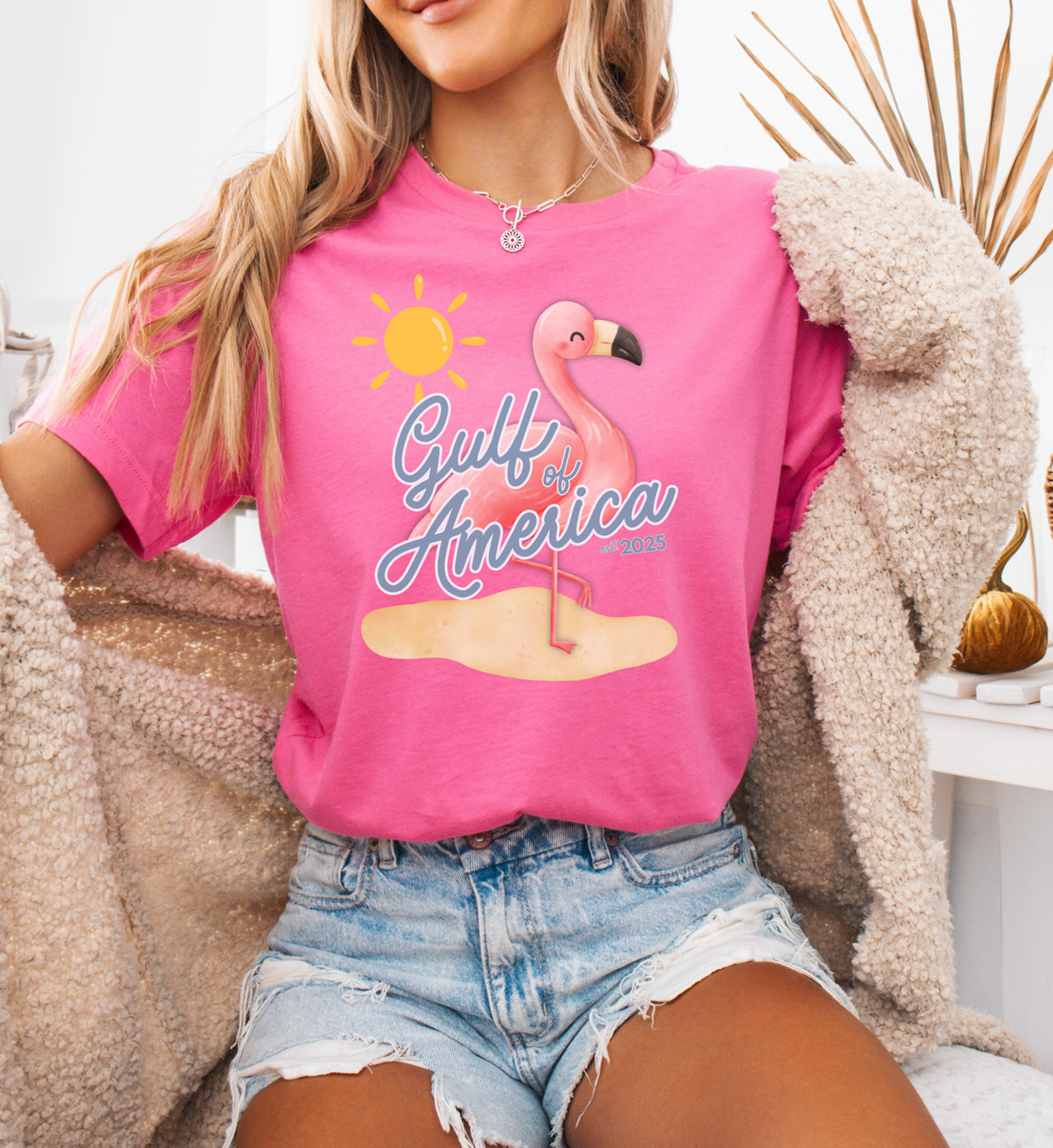 Gulf of America Unisex T Shirt Patriotic Themed USA Summer Pink Flamingo Beach Trump 2025 hotsweettees spring break shirt women’s birthday gift cute flamingo pink free shipping gift trump lover gift hot sweet tees t shirt Cotton tee charity pink