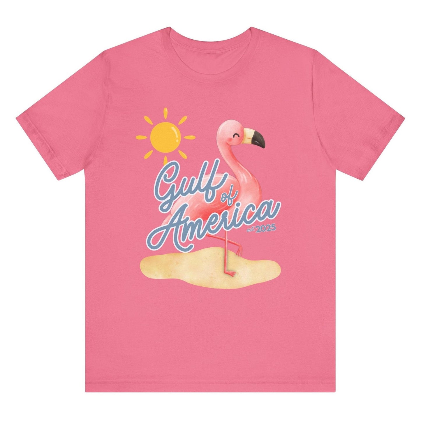 Gulf of America Unisex T Shirt Patriotic Themed USA Summer Pink Flamingo Beach Trump 2025 hotsweettees spring break shirt women’s birthday gift cute flamingo pink free shipping gift trump lover gift hot sweet tees t shirt Cotton tee Charity pink