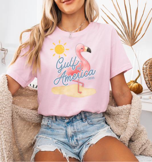 Gulf of America Unisex T Shirt Patriotic Themed USA Summer Pink Flamingo Beach Trump 2025 hotsweettees spring break shirt women’s birthday gift cute flamingo pink free shipping gift trump lover gift hot sweet tees t shirt Cotton tee light pink