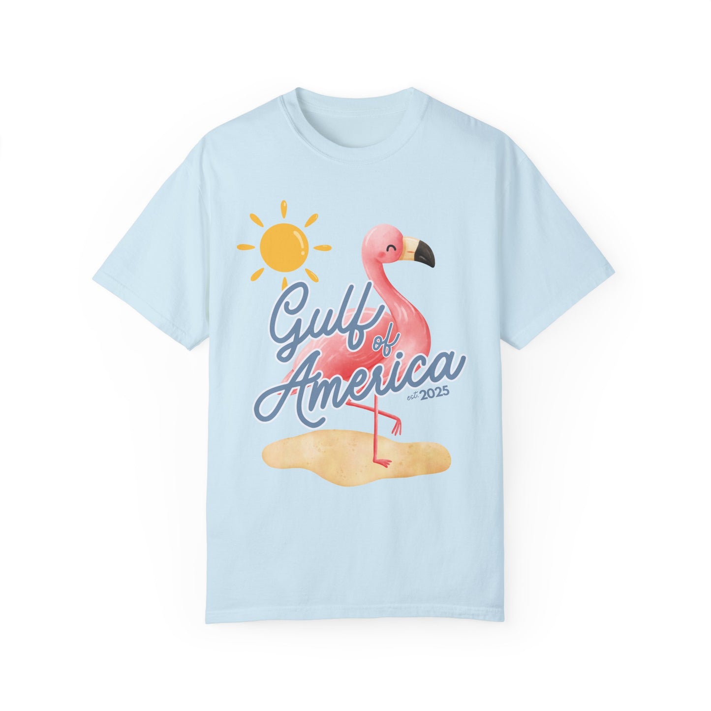 Gulf of america 2025 summer beach patriotic unisex comfort colors hot sweet tees free shipping america flamingo beach sun Florida Texas comfort colors america trump 2025 gulf America tee American made comfort colors maga Chambray