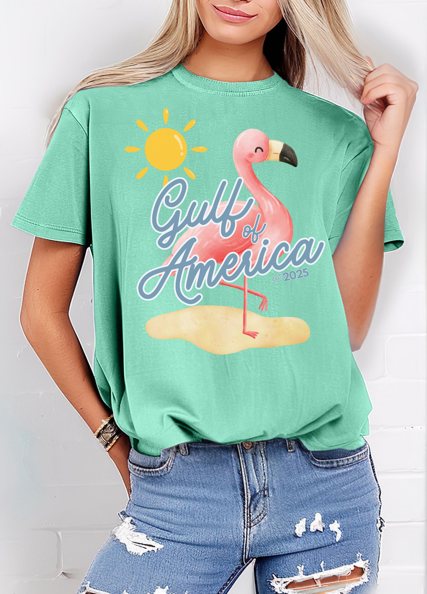 Gulf of america 2025 summer beach patriotic unisex comfort colors hot sweet tees free shipping america flamingo beach sun Florida Texas comfort colors america trump 2025 gulf America tee American made comfort colors maga
