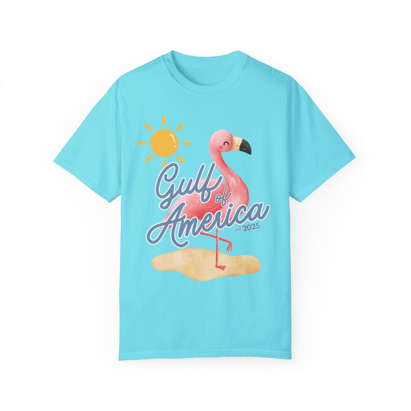 Gulf of america 2025 summer beach patriotic unisex comfort colors hot sweet tees free shipping america flamingo beach sun Florida Texas comfort colors america trump 2025 gulf America tee American made comfort colors maga Lagoon blue