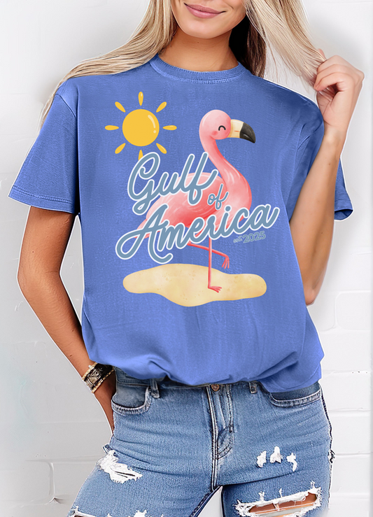 Gulf of america 2025 summer beach patriotic unisex comfort colors hot sweet tees free shipping america flamingo beach sun Florida Texas Gift birthday comfort colors flo blue