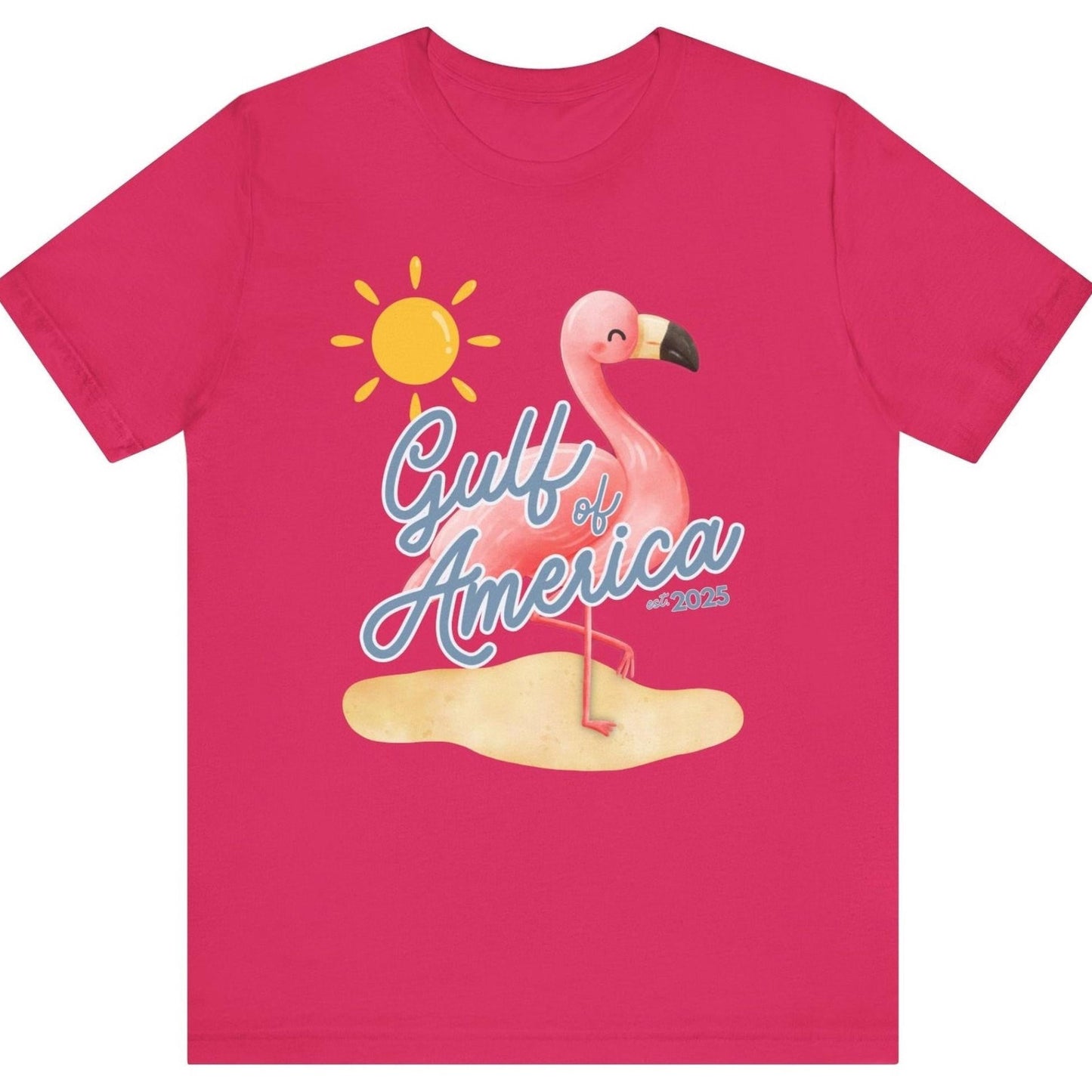 Gulf of America Unisex T Shirt Patriotic Themed USA Summer Pink Flamingo Beach Trump 2025 hotsweettees spring break shirt women’s birthday gift cute flamingo pink free shipping gift trump lover gift hot sweet tees t shirt Cotton tee