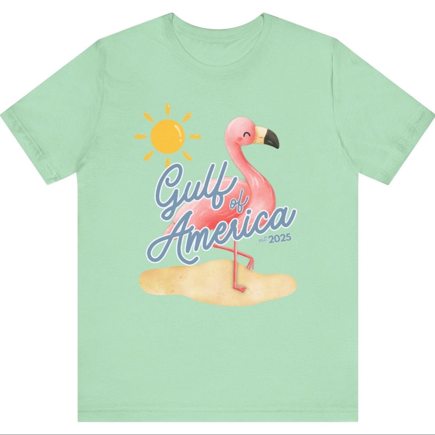 Gulf of America Unisex T Shirt Patriotic Themed USA Summer Pink Flamingo Beach Trump 2025 hotsweettees spring break shirt women’s birthday gift cute flamingo pink free shipping gift trump lover gift hot sweet tees t shirt Cotton tee
