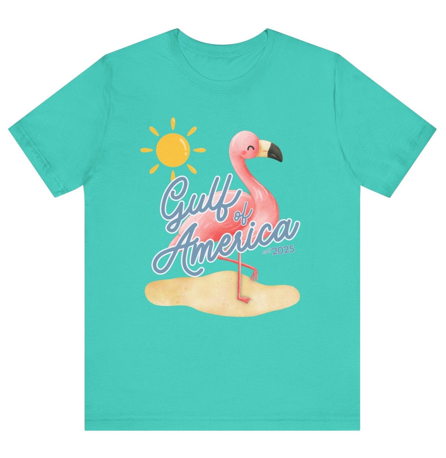 Gulf of America Unisex T Shirt Patriotic Themed USA Summer Pink Flamingo Beach Trump 2025 hotsweettees spring break shirt women’s birthday gift cute flamingo pink free shipping gift trump lover gift hot sweet tees t shirt Cotton tee