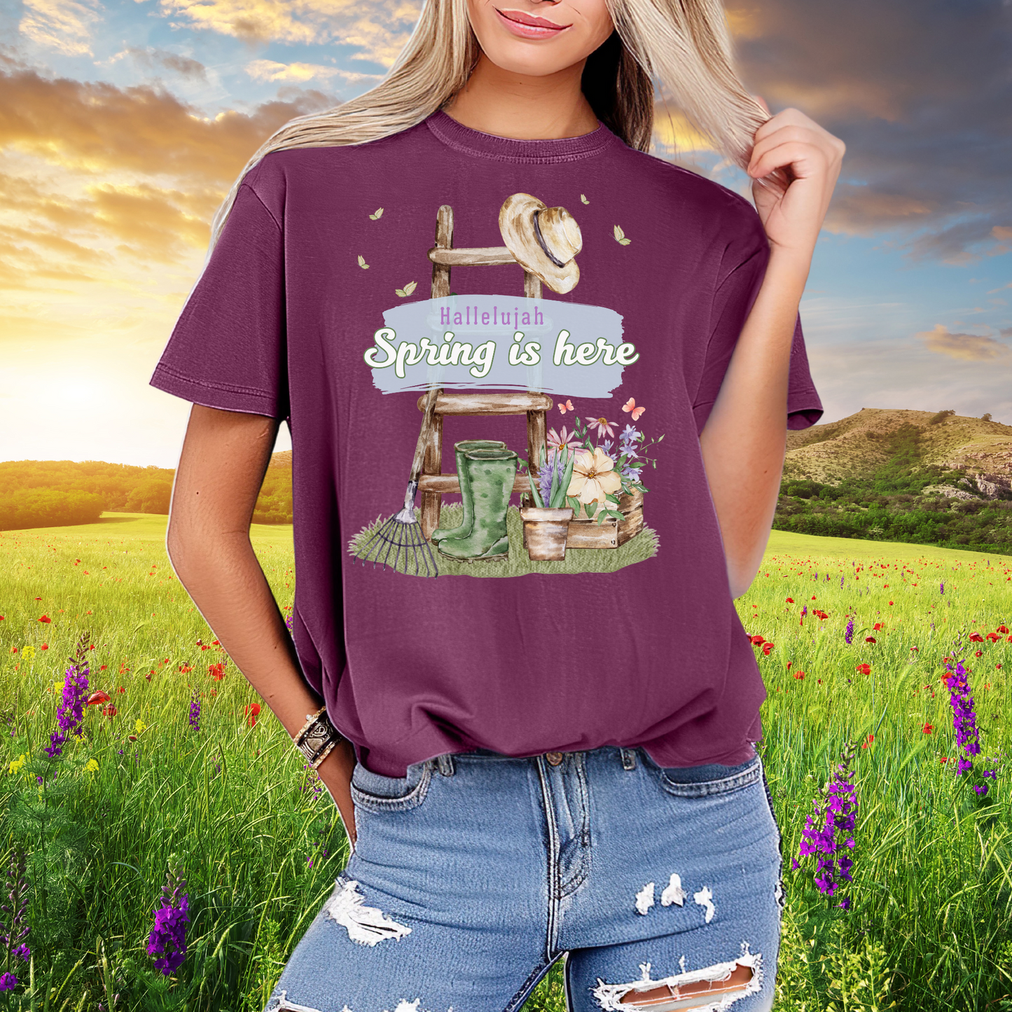 Hallelujah spring is here unisex comfort colors tee hot sweet tees free shipping birthday gift garden lovers women gardeners spring time hello spring pastel spring shirts free shipping birthday gift women’s spring t shirt Berry purple