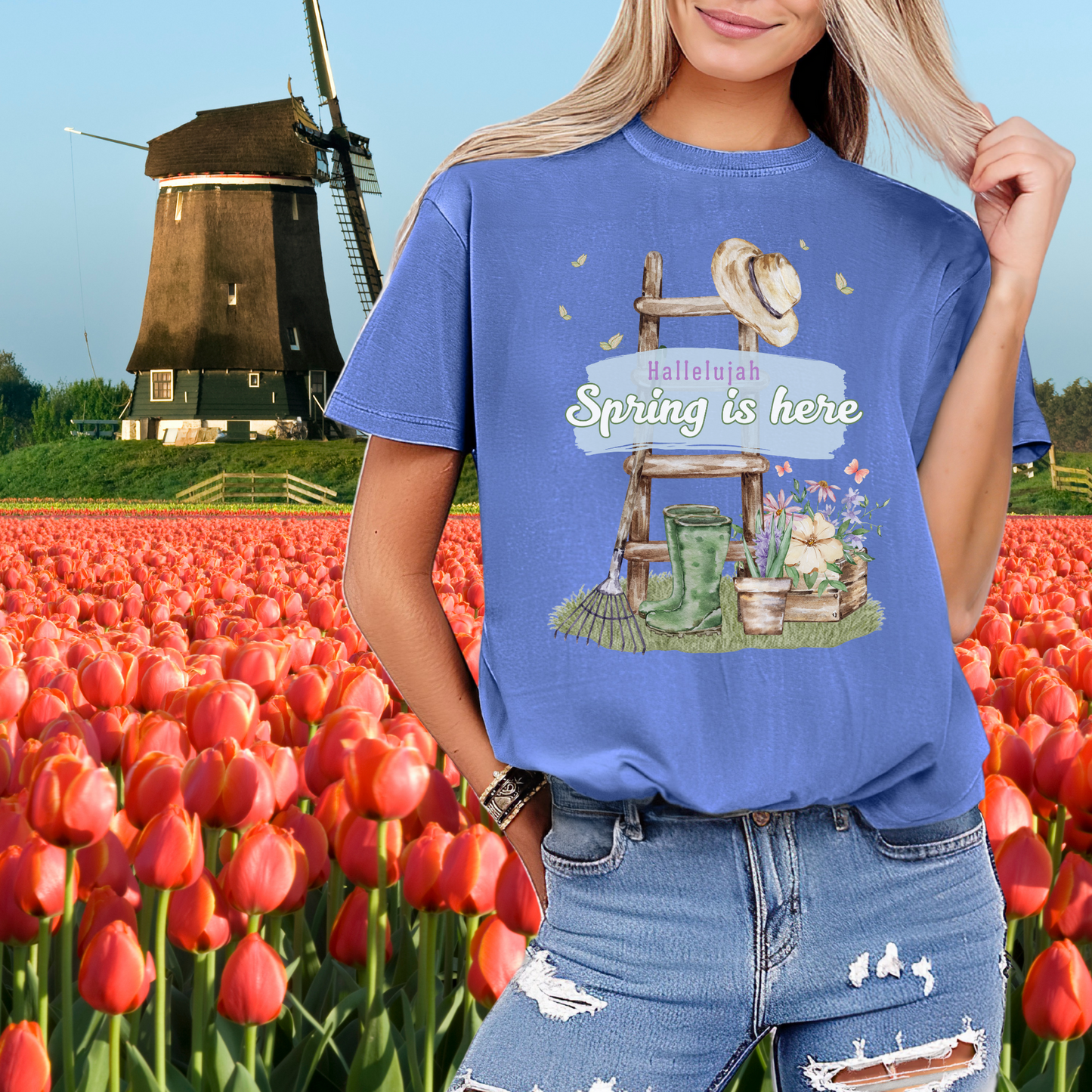 Hallelujah spring is here unisex comfort colors tee hot sweet tees free shipping birthday gift garden lovers women gardeners spring time hello spring pastel spring shirts free shipping birthday gift women’s spring t shirt Flo blue