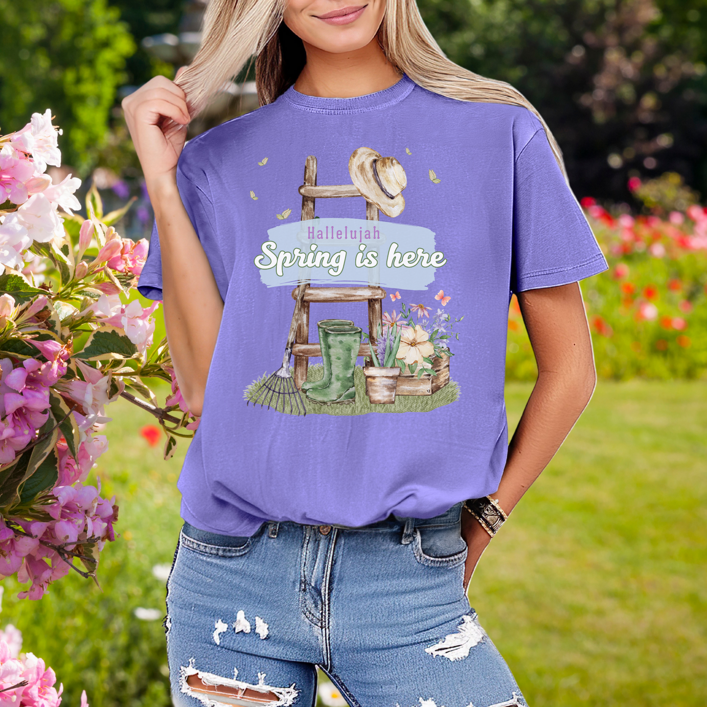 Hallelujah spring is here unisex comfort colors tee hot sweet tees free shipping birthday gift garden lovers women gardeners spring time hello spring pastel spring shirts free shipping birthday gift women’s spring t shirt Violet