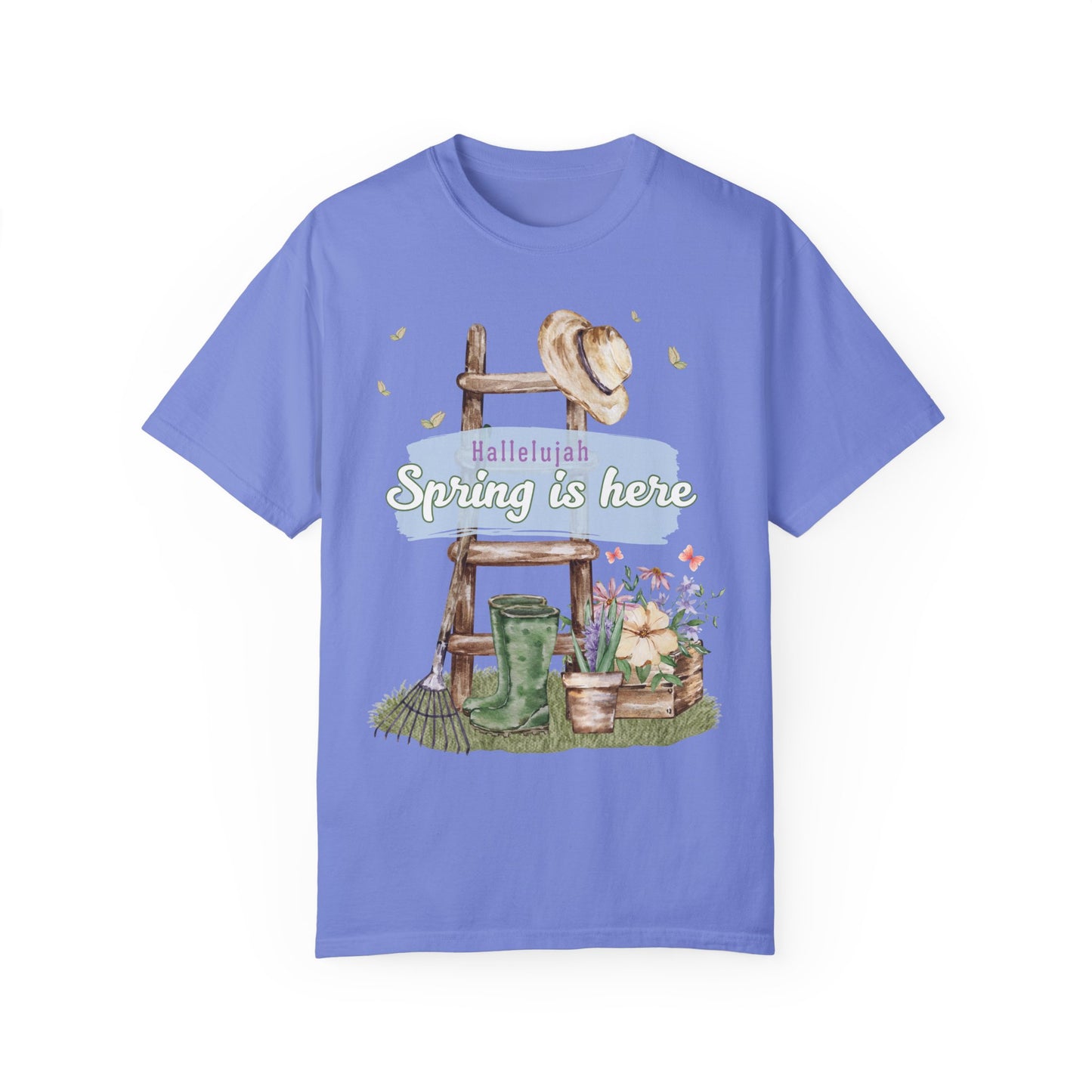 Hallelujah spring is here unisex comfort colors tee hot sweet tees free shipping birthday gift garden lovers women gardeners spring time hello spring pastel spring shirts free shipping birthday gift women’s spring t shirt Flo blue