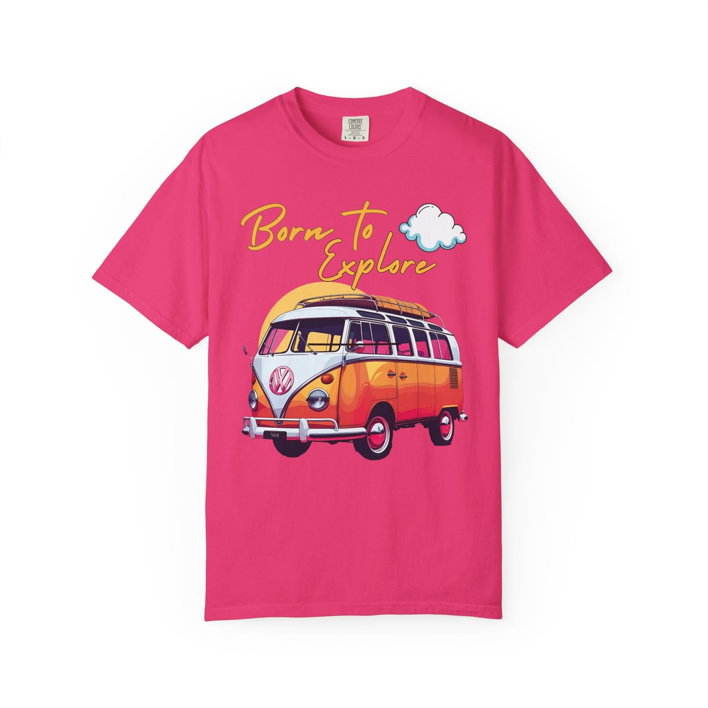 Comfort colors t shirt born to explore traveler vintage VW bus van life hotsweettees free shipping gift hobby travel pink font white puffy cloud mountains sunrise pink yellow blue green comfort t shirt fall ready traveler mountain Vw bus vintage Vw bus 1960s bus van life bus life