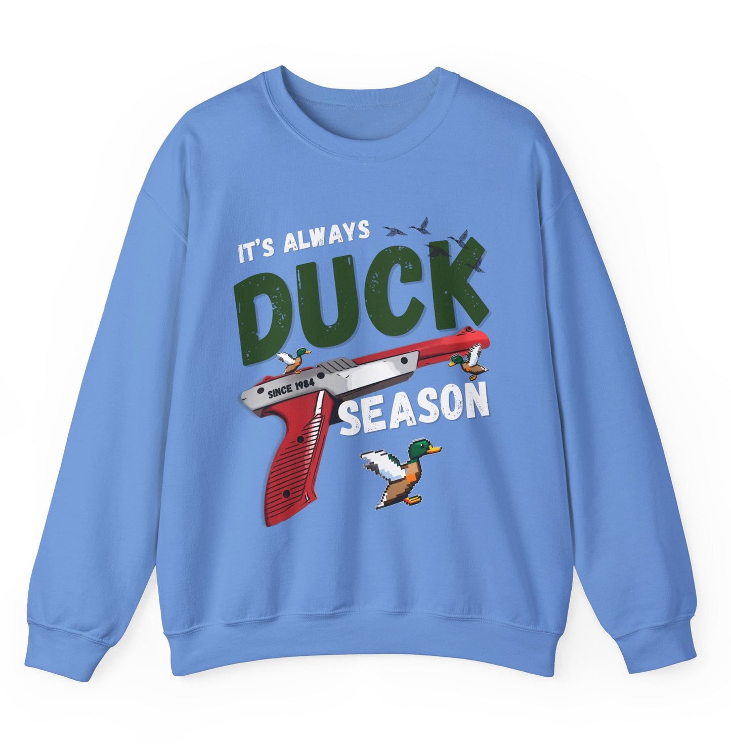 Its always duck season Nintendo game vintage gamer hotsweettees gift video games Mario duck hunt hunter country theme nostalgia womens gift unisex t shirt t shirt mockup duck hunting orange gun video games Nintendo duck hunt 1980 game free shipping Nintendo sweater men’s gamer sweater men’s Nintendo sweater womens Nintendo themed sweater pull over orange duck hunt Nintendo gun classic orange gun duck hunter Blue sweatshirt hot sweet tees