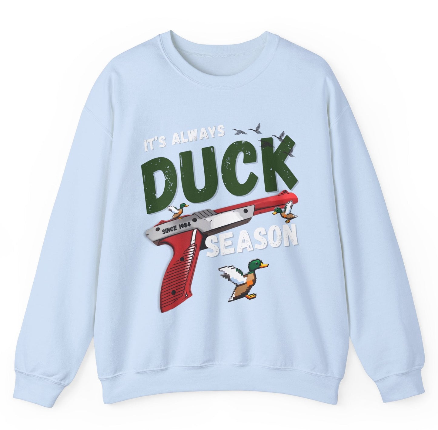 Its always duck season Nintendo game vintage gamer hotsweettees gift video games Mario duck hunt hunter country theme nostalgia womens gift unisex t shirt t shirt mockup duck hunting orange gun video games Nintendo duck hunt 1980 game free shipping Nintendo sweater men’s gamer sweater men’s Nintendo sweater womens Nintendo themed sweater pull over orange duck hunt Nintendo gun classic orange gun duck hunter Baby blue sweatshirt