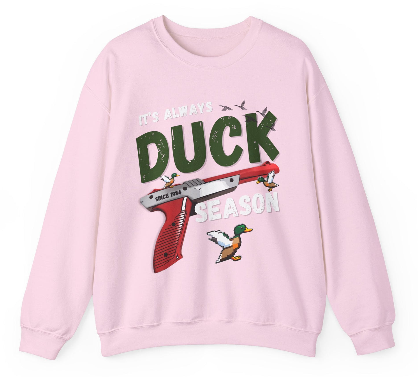 Its always duck season Nintendo game vintage gamer hotsweettees gift video games Mario duck hunt hunter country theme nostalgia womens gift unisex t shirt t shirt mockup duck hunting orange gun video games Nintendo duck hunt 1980 game free shipping Nintendo sweater men’s gamer sweater men’s Nintendo sweater womens Nintendo themed sweater pull over orange duck hunt Nintendo gun classic orange gun duck hunter Light pink sweatshirt