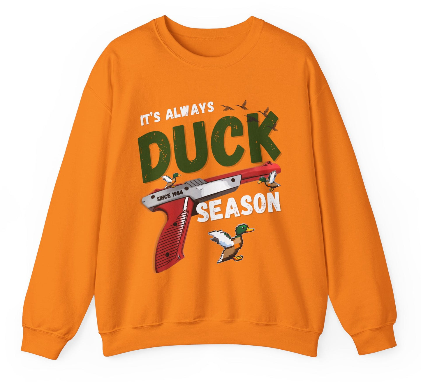 Its always duck season Nintendo game vintage gamer hotsweettees gift video games Mario duck hunt hunter country theme nostalgia womens gift unisex t shirt t shirt mockup duck hunting orange gun video games Nintendo duck hunt 1980 game free shipping Nintendo sweater men’s gamer sweater men’s Nintendo sweater womens Nintendo themed sweater pull over orange duck hunt Nintendo gun classic orange gun duck hunter Orange hunting sweater