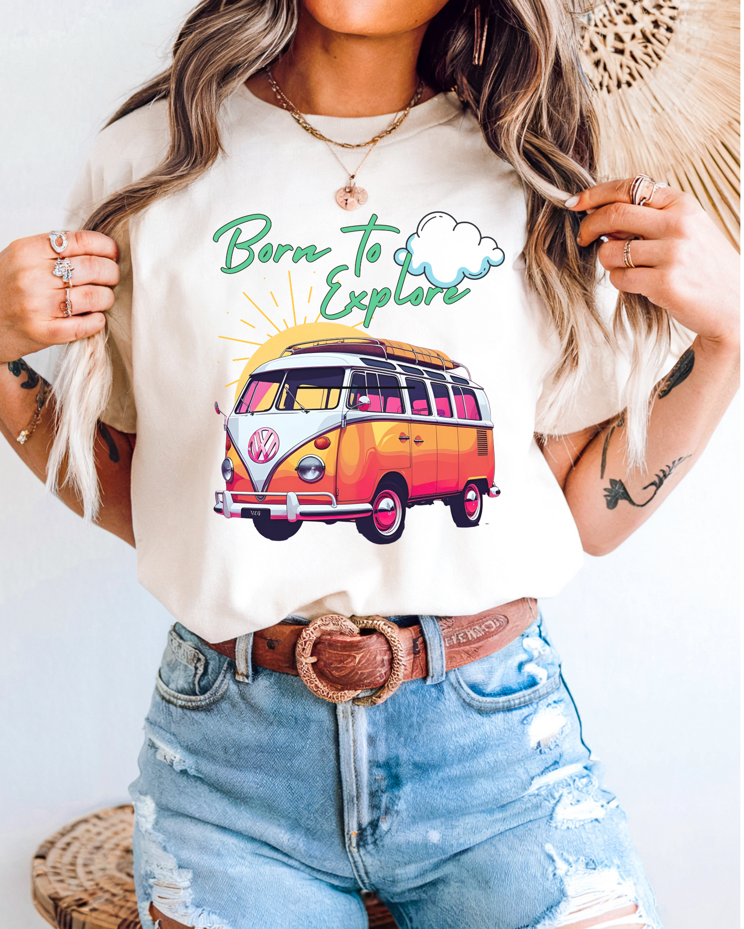 Comfort colors t shirt born to explore traveler vintage VW bus van life hotsweettees free shipping gift hobby travel pink font white puffy cloud mountains sunrise pink yellow blue green comfort t shirt fall ready traveler mountain