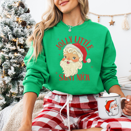 Jolly little Saint Nick Christmas pullover sweater Christmas themed gift Christmas sweater hotsweettees free shipping Santa themed sweater Santa Claus themed gift Santa sweater womens Santa sweater womenâs Santa pullover Christmas gift
