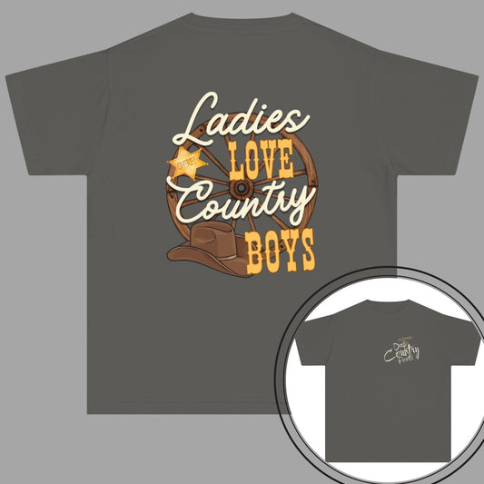 Ladies love country boys t shirt unisex hotsweettees country music shirt country boy gift for dad deep country roots cowboy hat sheriff badge wagon wheel back design free shipping birthday gift dad and son matching shirts kids pepper