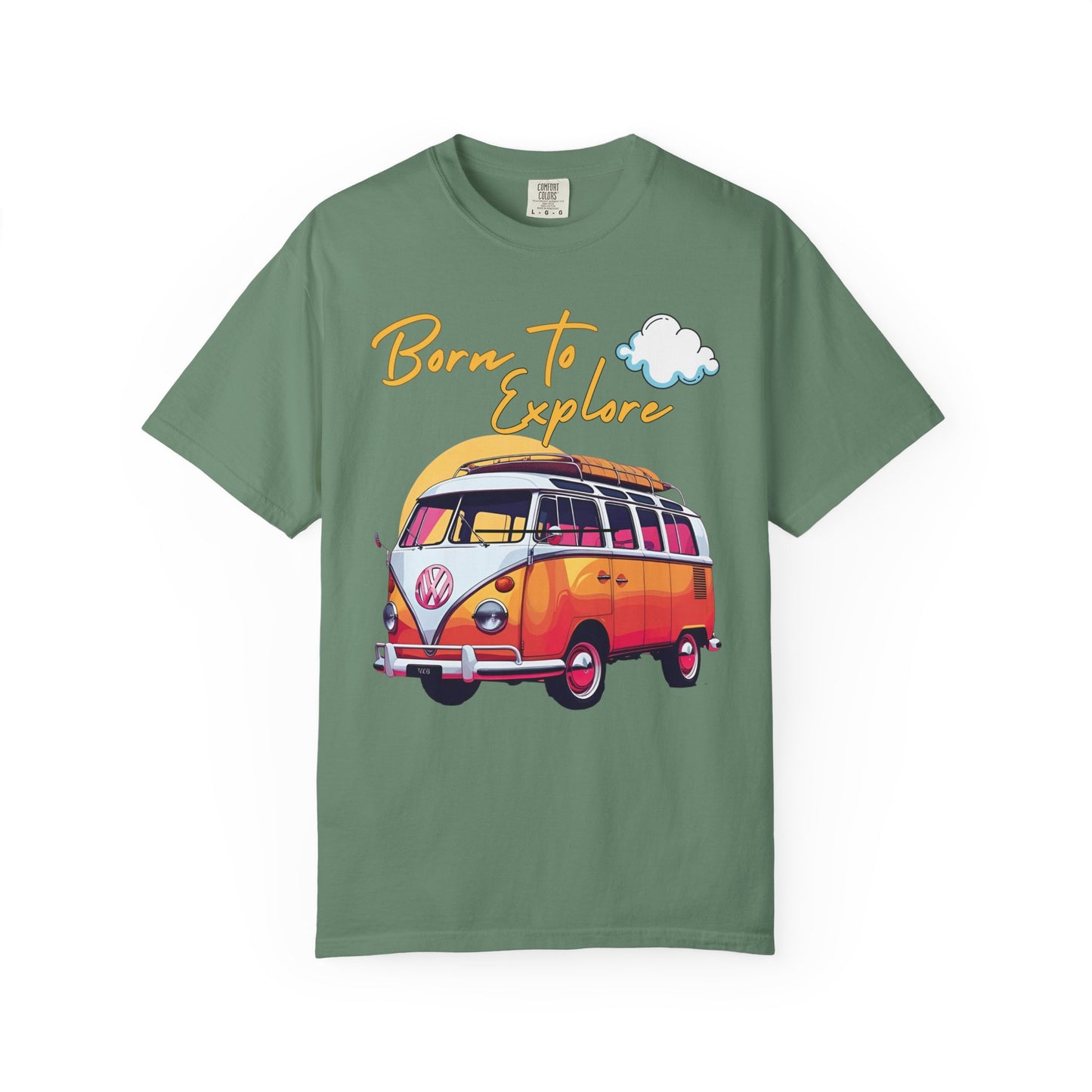 Comfort colors t shirt born to explore traveler vintage VW bus van life hotsweettees free shipping gift hobby travel pink font white puffy cloud mountains sunrise pink yellow blue green comfort t shirt fall ready traveler mountain Vw bus vintage Vw bus 1960s bus van life bus life