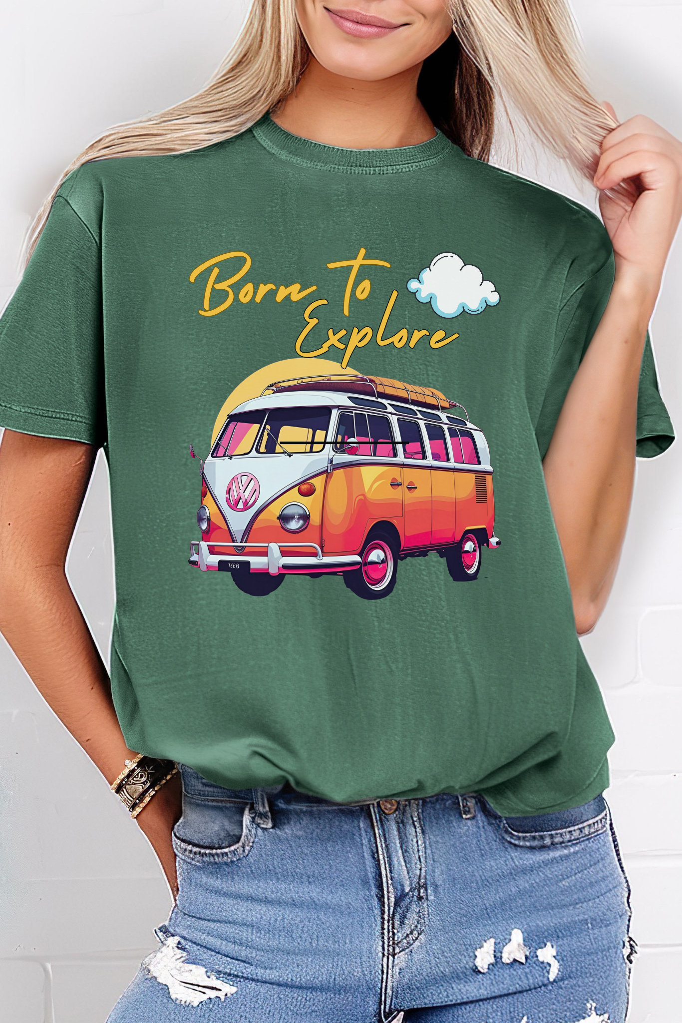 Comfort colors t shirt born to explore traveler vintage VW bus van life hotsweettees free shipping gift hobby travel pink font white puffy cloud mountains sunrise pink yellow blue green comfort t shirt fall ready traveler mountain Vw bus vintage Vw bus 1960s bus van life bus life Green light green tee