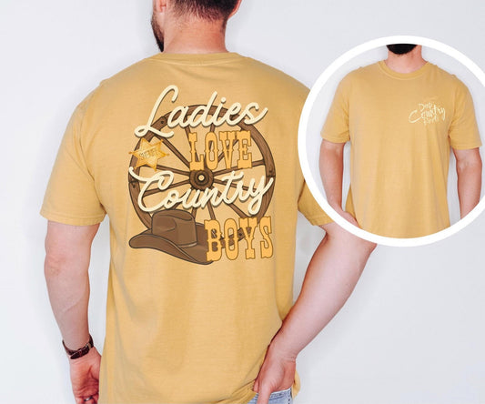 Ladies love country boys t shirt unisex hotsweettees country music shirt country boy gift for dad deep country roots cowboy hat sheriff badge wagon wheel back design free shipping birthday gift dad and son matching shirts