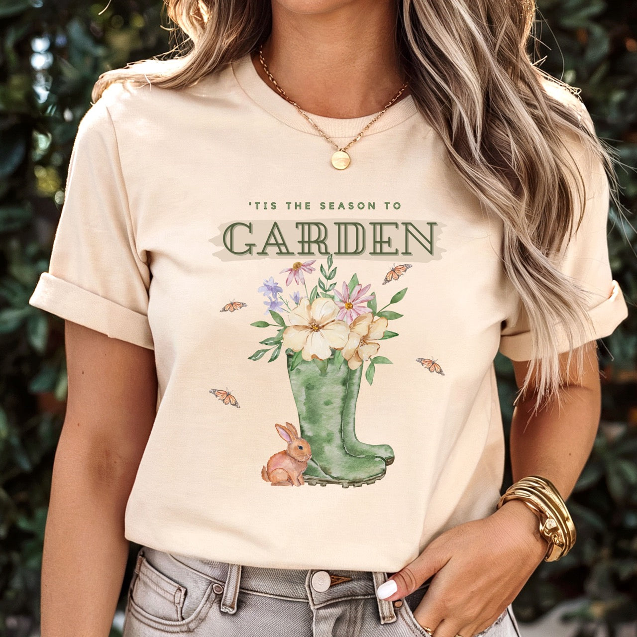 Tis the season to garden hotsweettees spring time gardening gardener gift free shipping unisex soft spring t shirt spring bunny rain boots butterflies watercolor flowers Gift garden spring time pastels Easter bunny