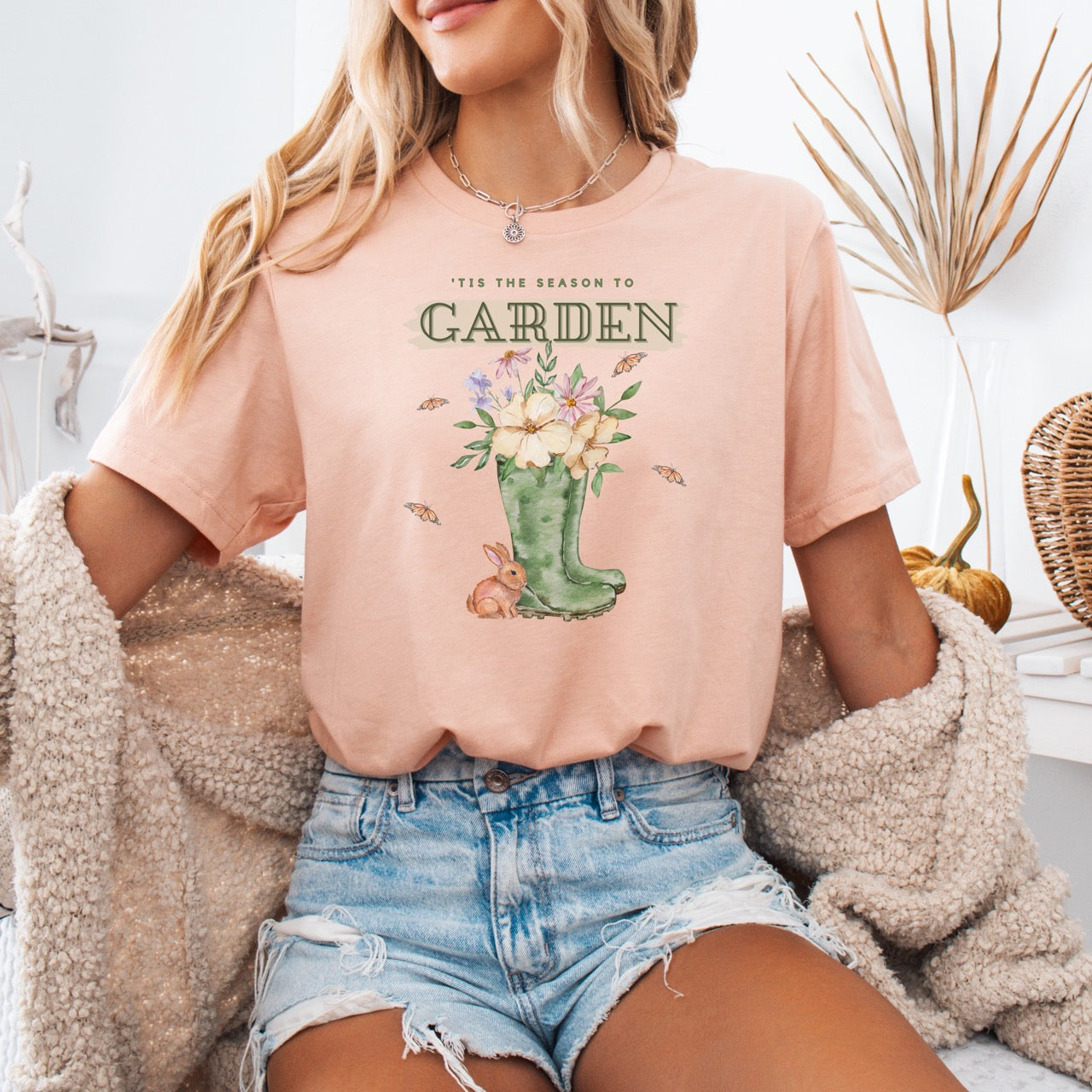 Tis the season to garden hotsweettees spring time gardening gardener gift free shipping unisex soft spring t shirt spring bunny rain boots butterflies watercolor flowers Gift garden spring time pastels Easter bunny