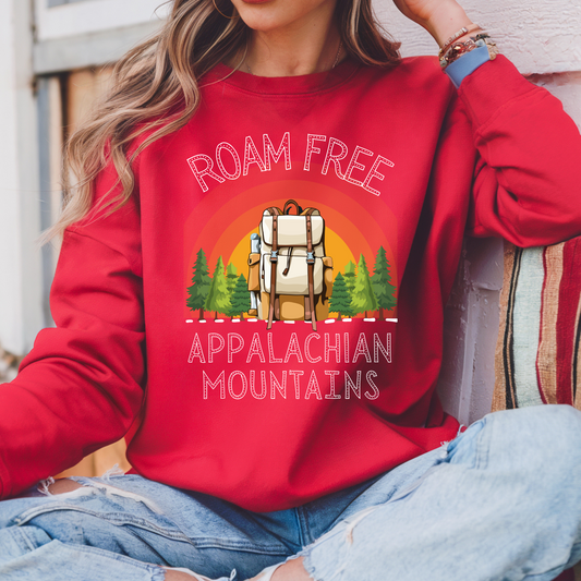 Roam Free Appalachian mountains soft pullover sweater unisex red hiking sweater mountain lovers gift hot sweet tees Christmas gift for hikers birthday gift for trail hikers north Georgia mountains themed sweater trail hiking lovers pullover Red sweater
