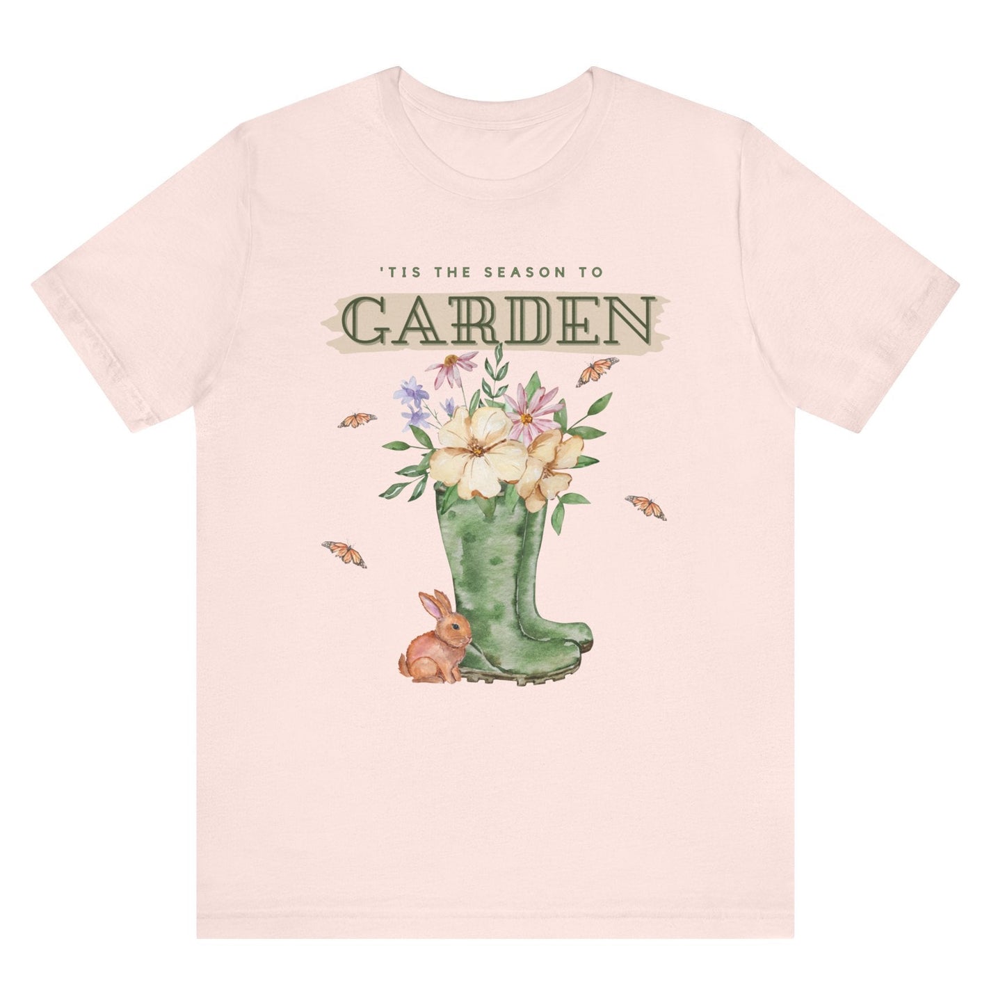 Tis the season to garden hotsweettees spring time gardening gardener gift free shipping unisex soft spring t shirt spring bunny rain boots butterflies watercolor flowers Gift garden spring time pastels Easter bunny Pink tee brown bunny