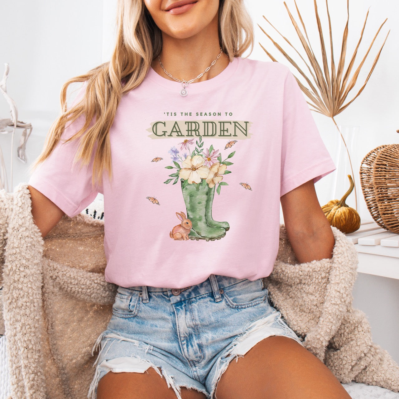 Tis the season to garden hotsweettees spring time gardening gardener gift free shipping unisex soft spring t shirt spring bunny rain boots butterflies watercolor flowers Gift garden spring time pastels Easter bunny