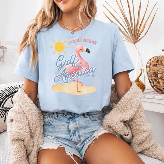 Spring break gulf of America t shirt pink flamingo beach sun shine Florida trump 2025 unisex t shirt hotsweettees pink shirt summer shirt birthday gift trump lovers gift spring break 2025 t shirt Florida summer patriotic women’s t shirt