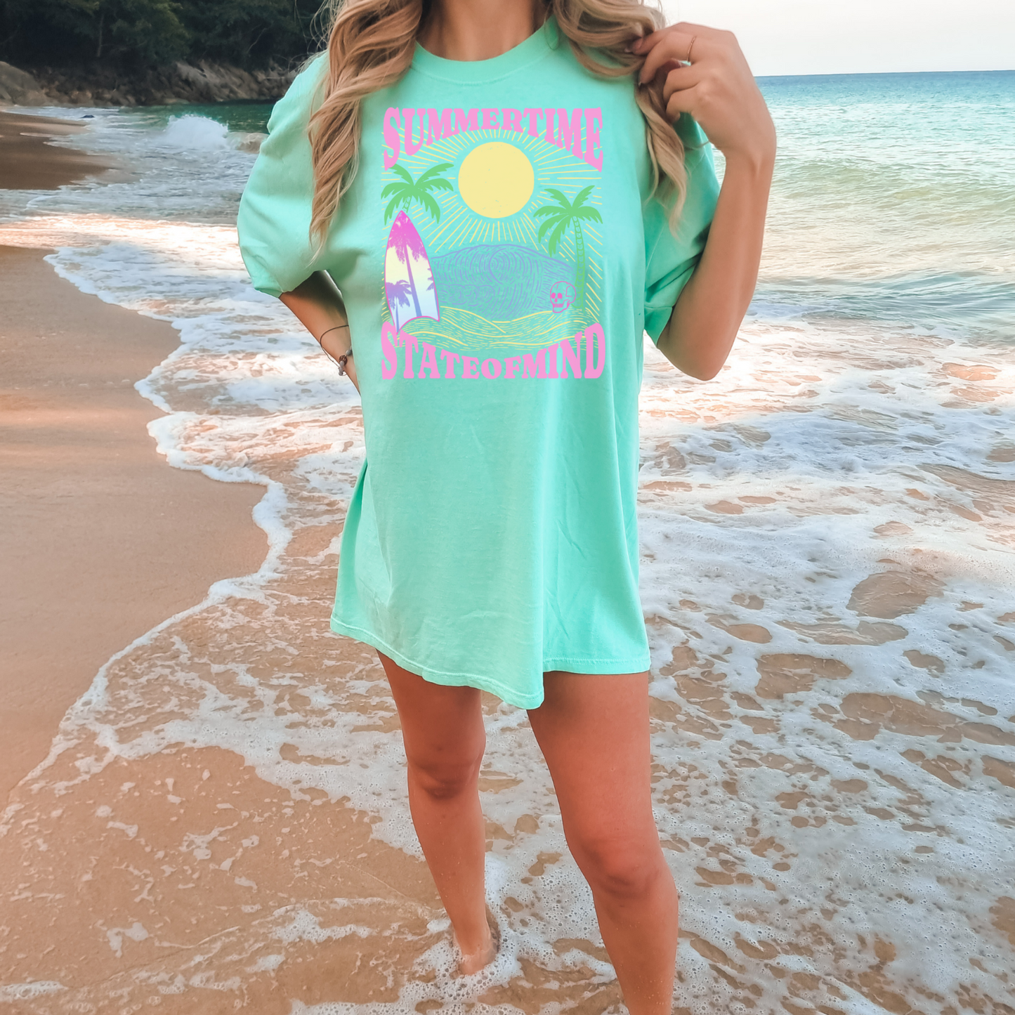 Summer time state of mind pink summer surf tee hot sweet tees gift vacation beach time surfer surf summer palm trees Florida June birthday free shipping blue waves pink skull comfort colors Free shipping Sun sunny days
Summertime State of mind summer beach surfer palm tree hot sweet tees comfort colors